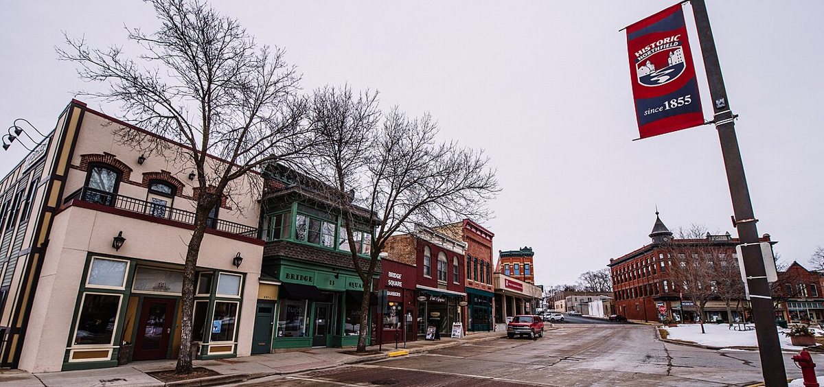 Bridge Square and the Cannon River in downtown Northfield Minnesota