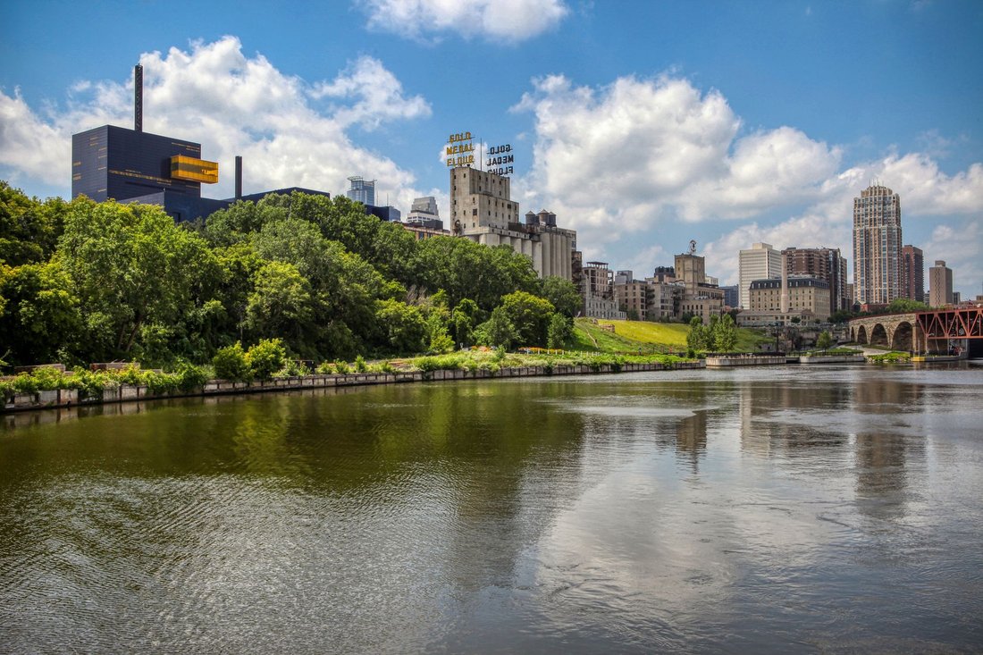 the Stone Arch Bridge and Minneapolis mill district along the Mississippi River