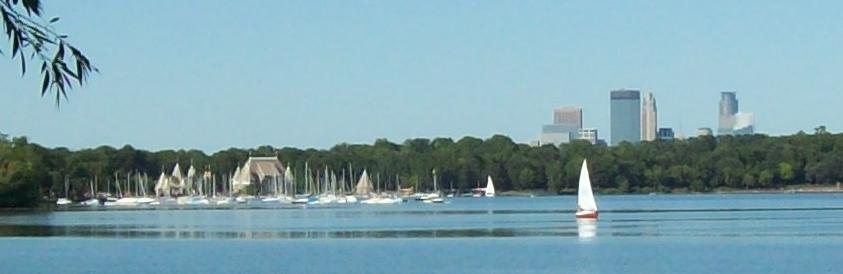 Lake Harriet bandshell and pavilion at sunset in Minneapolis